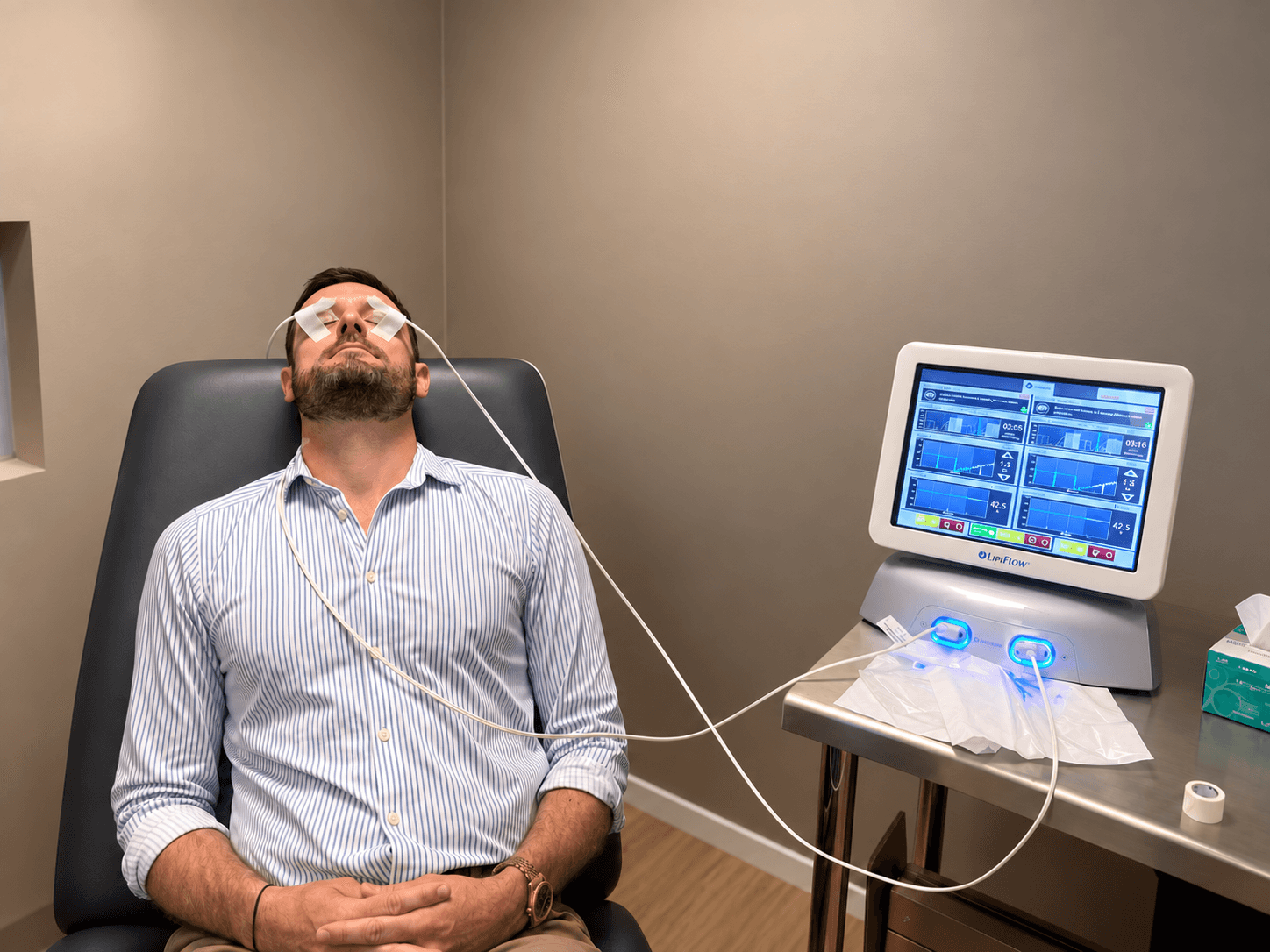 Patient with LipiFlow activators on both eyes during treatment for MGD