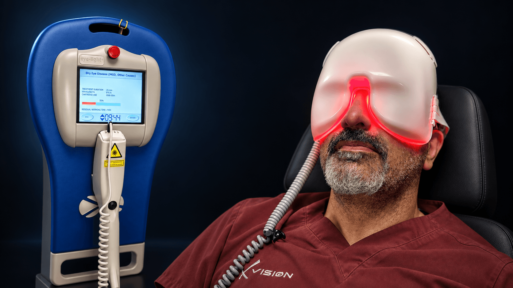 Eye-Light console running the dry eye programme, with a patient wearing the LLLT mask